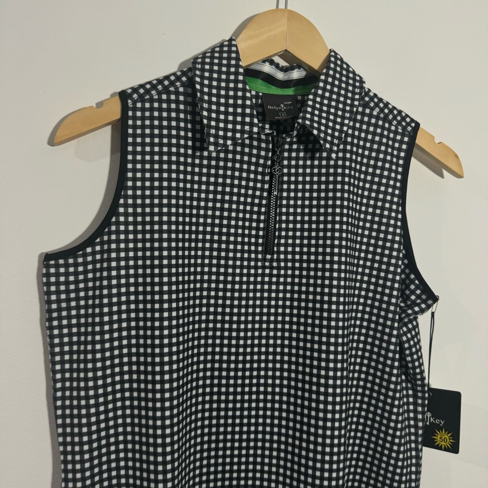 NWT Belyn Key Sleeveless Polo Golf‎ Tank Black White Gingham Small Tennis Active - Picture 4 of 10